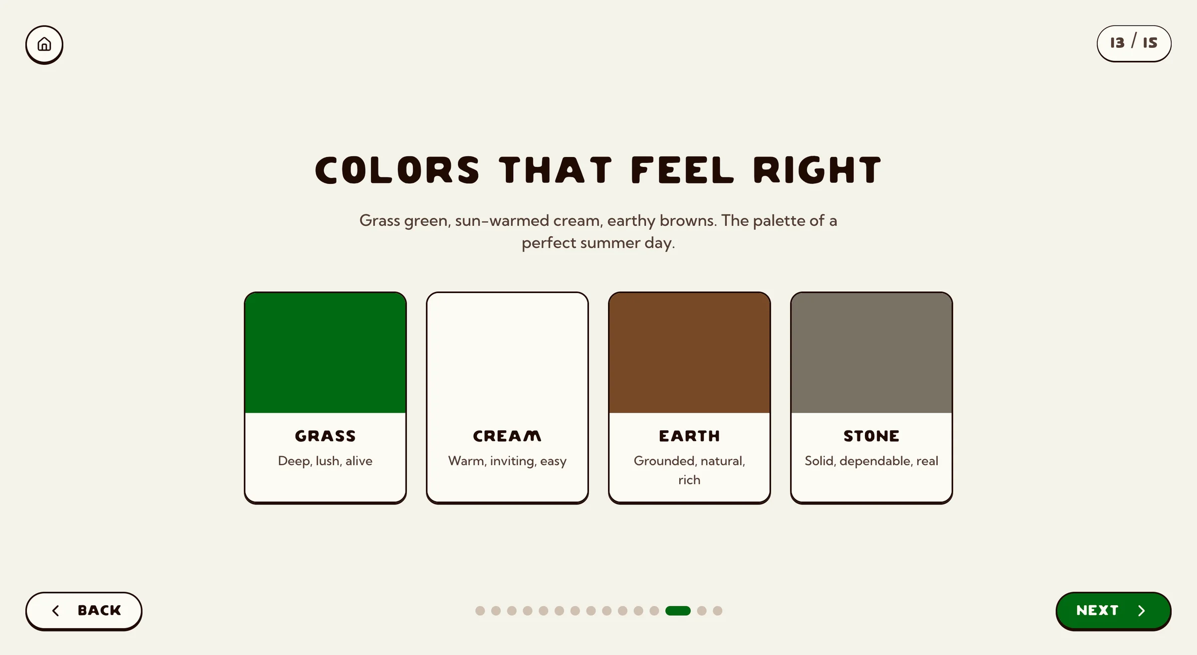 A swatch page headed COLORS THAT FEEL RIGHT, with Grass, Cream, Earth, and Stone tiles plus warm-tone descriptions.