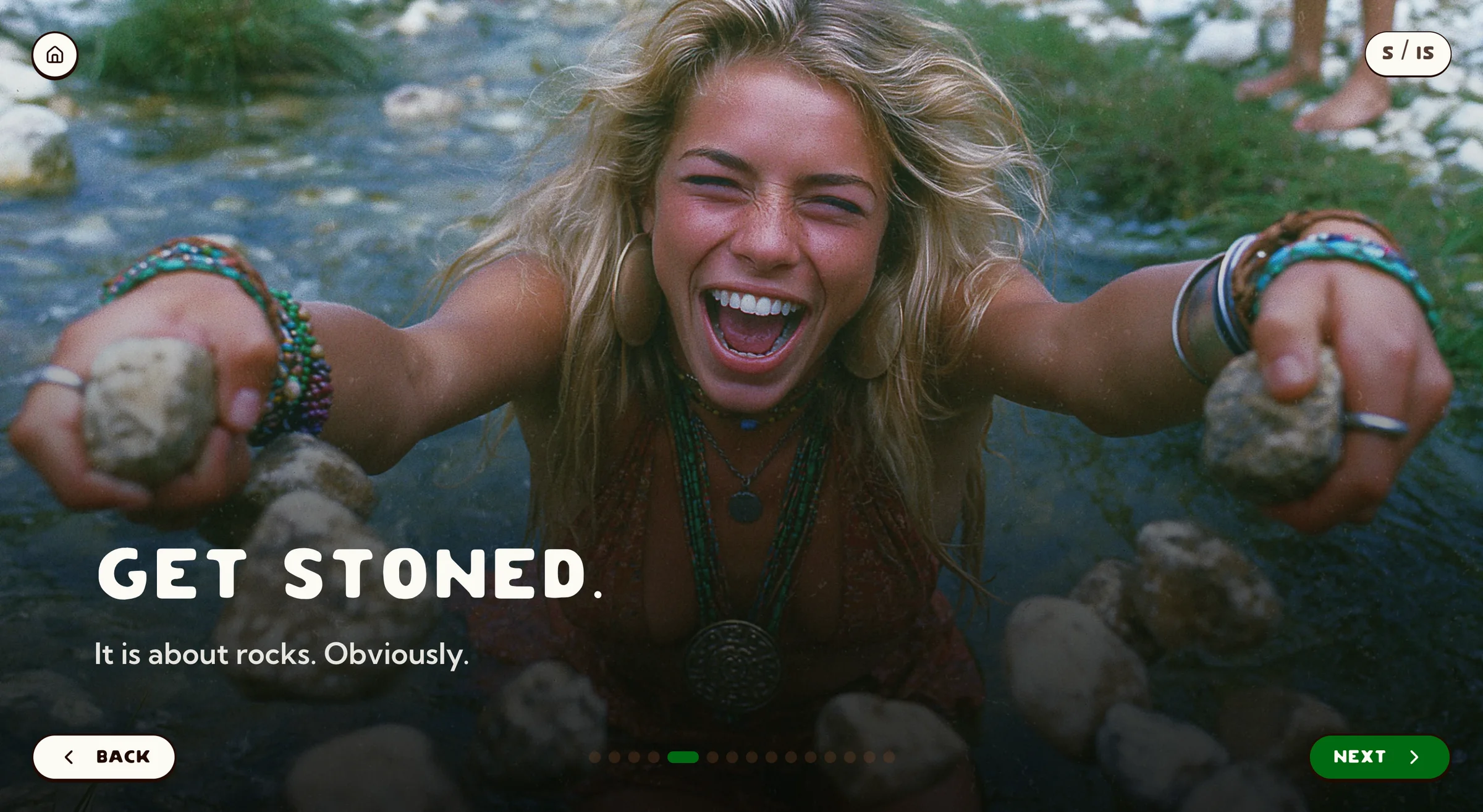 A brand-guide spread headed GET STONED: It is about rocks. Obviously.