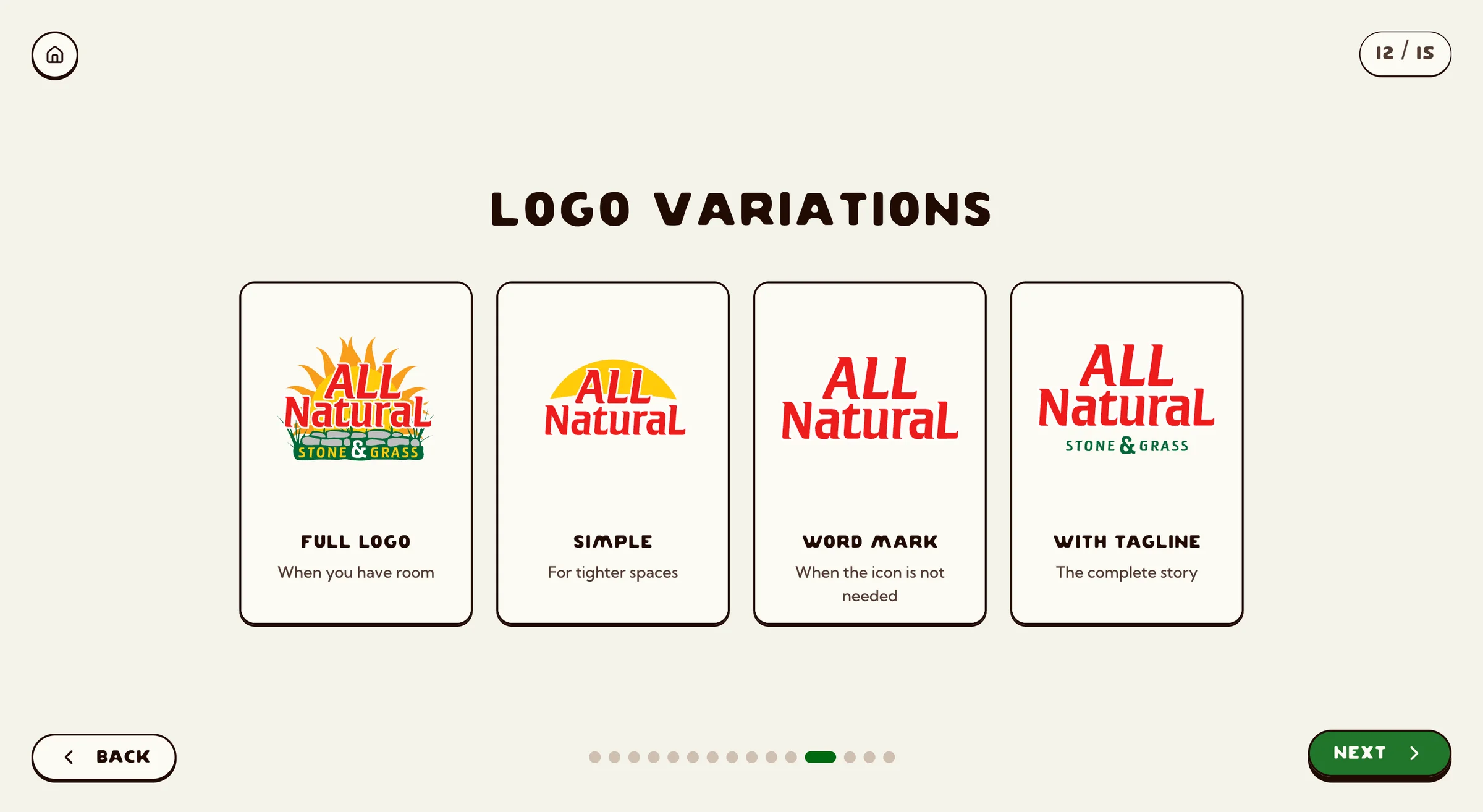 A four-card grid of All Natural logo lockups: full color, simple, wordmark, and tagline.