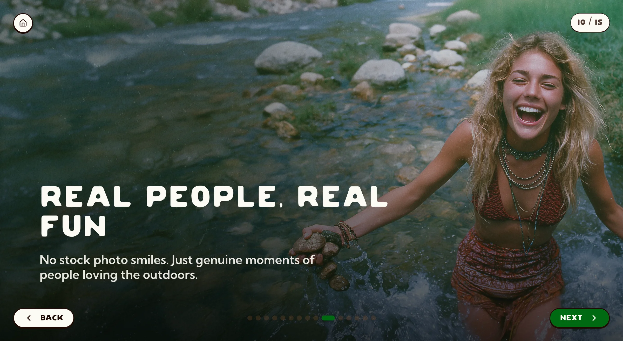 A brand-guide spread headed REAL PEOPLE, REAL FUN: a woman in a creek holding stones, with the caption no stock-photo smiles.