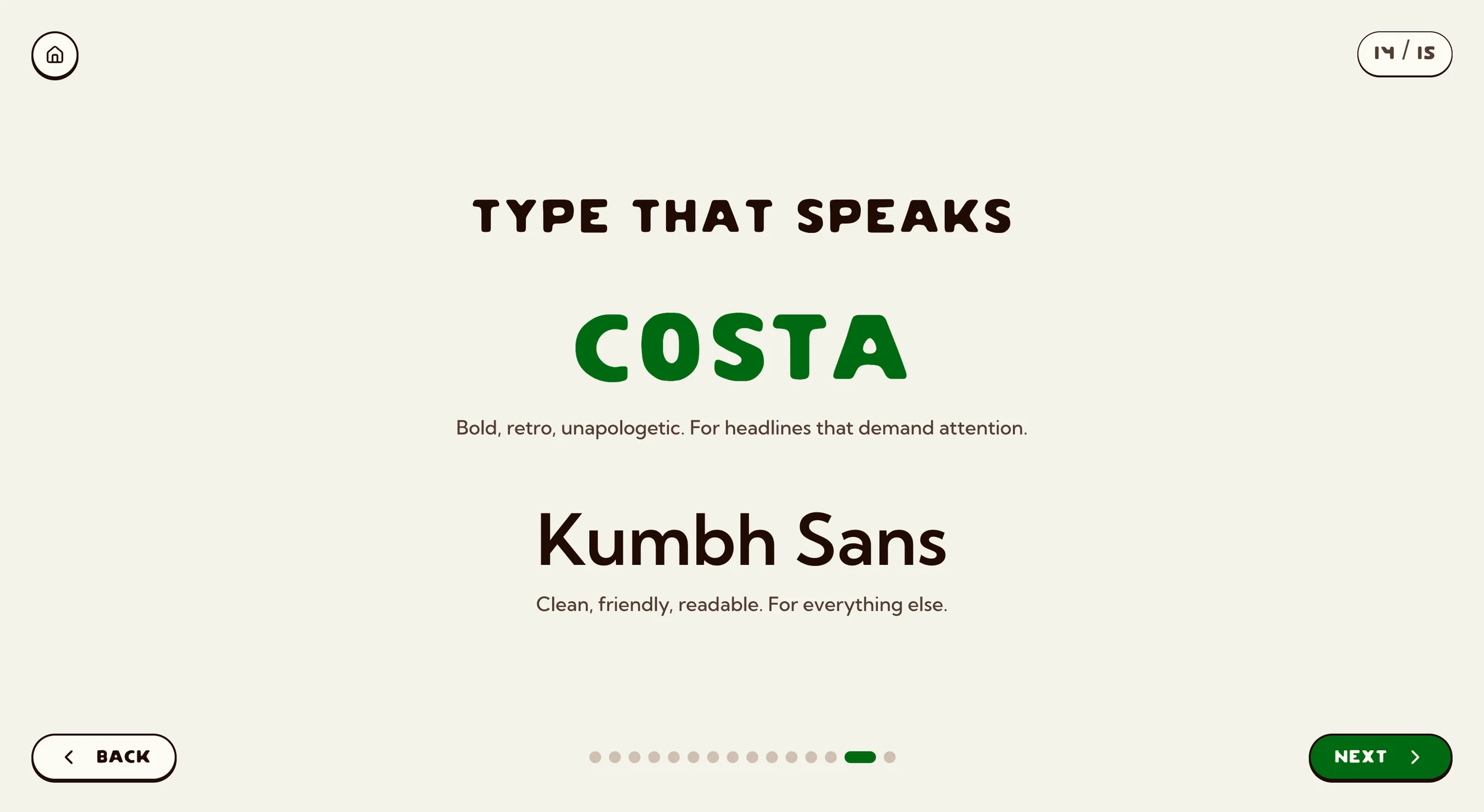 A typography page headed TYPE THAT SPEAKS, pairing Costa display with Kumbh Sans body specimens.