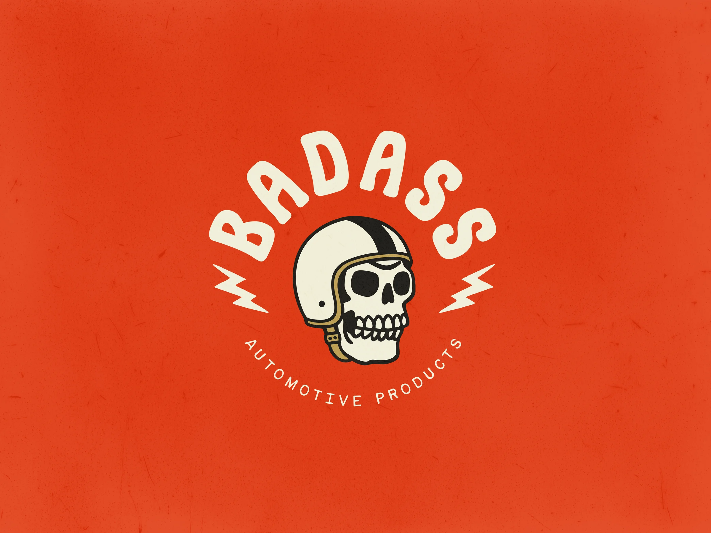 The BADASS circular medallion badge (helmeted skull flanked by lightning bolts) on a Hotrod-red background.
