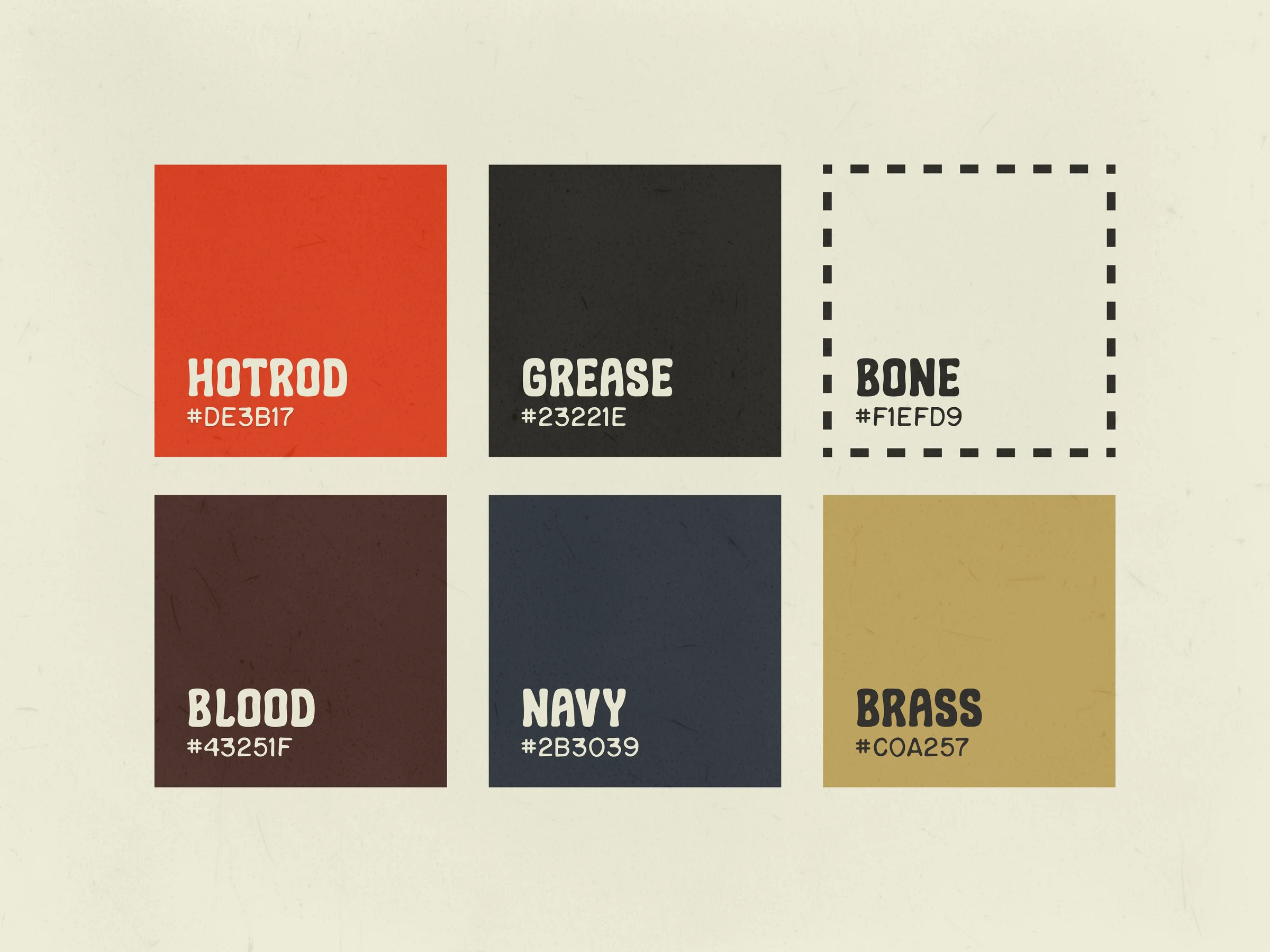 Six labeled color swatches: Hotrod, Grease, Bone, Blood, Navy, Brass, with hex values.