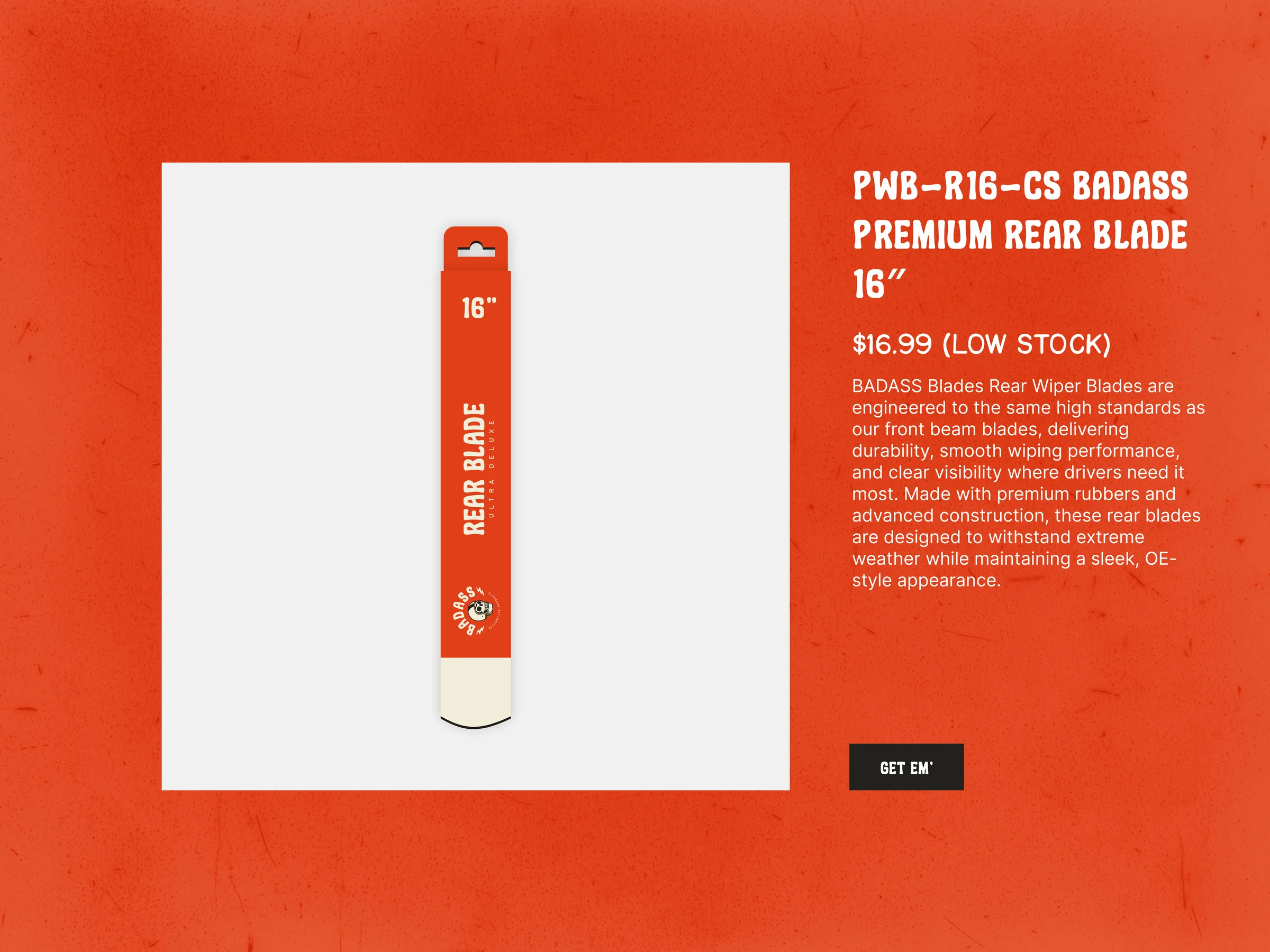 A red BADASS-branded wiper blade product page mocked up on a textured Hotrod-red background.