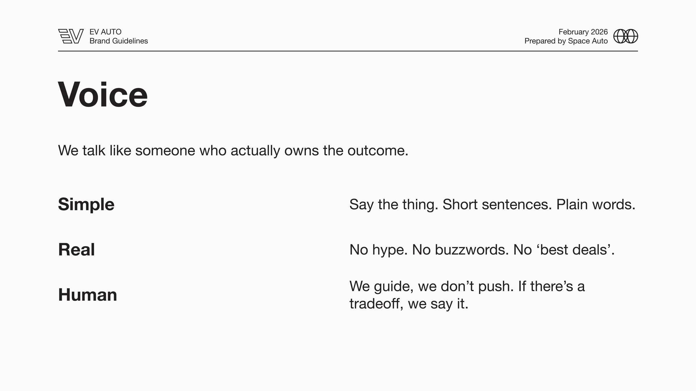 A brand-guide page headed Voice, laying out three modes: Simple, Real, Human.