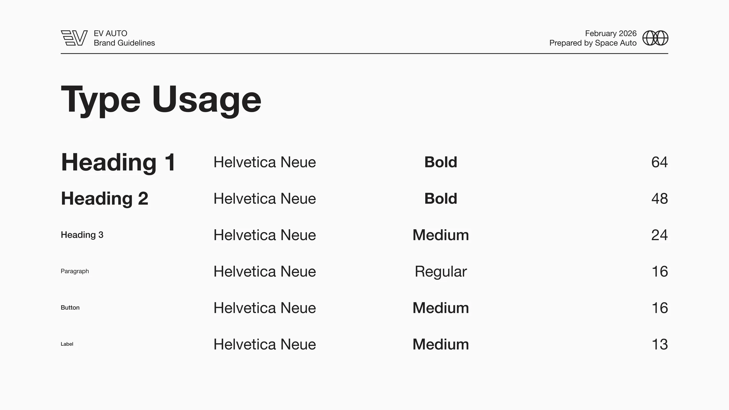 A type-usage table specifying H1 Bold 64, H2 Bold 48, H3 Medium 24, Paragraph Regular 16, Button Medium 16, Label Medium 13.