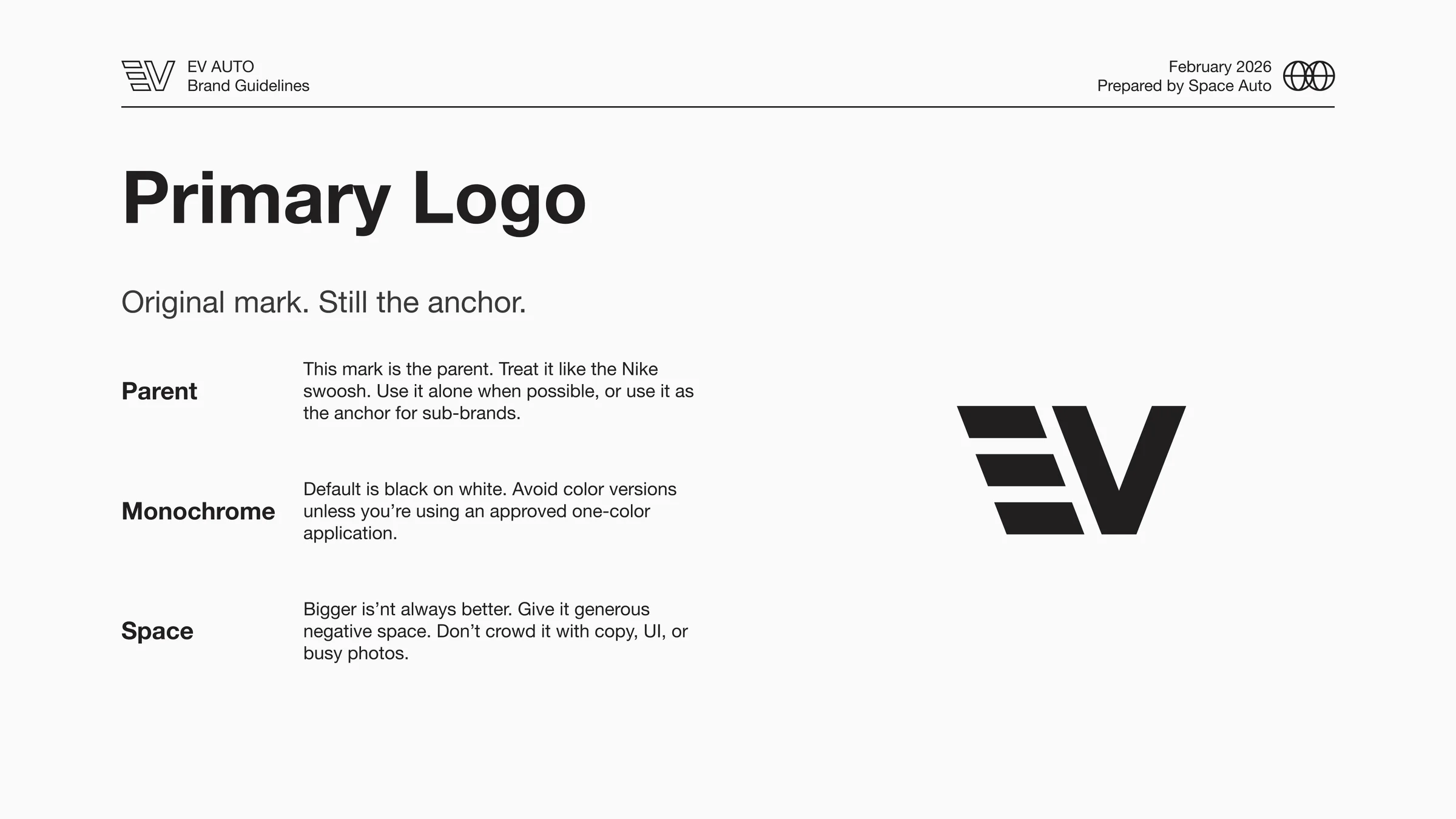 A primary-logo page showing the EV monogram with Parent, Monochrome, and Space rules: black on white, generous negative space.