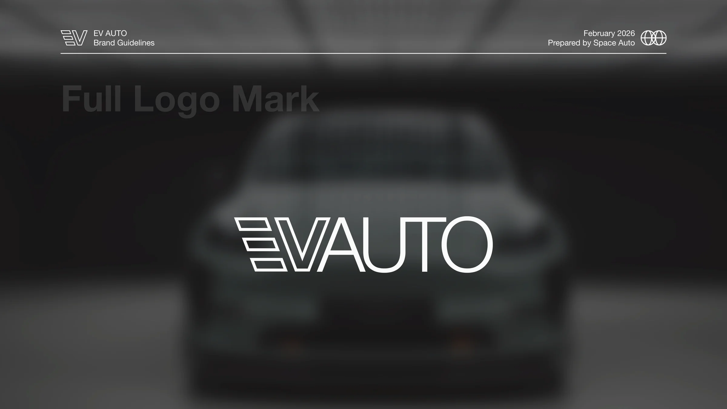 The full EVAUTO lockup placed on a darkened photographic background: the monogram paired with the AUTO wordmark.