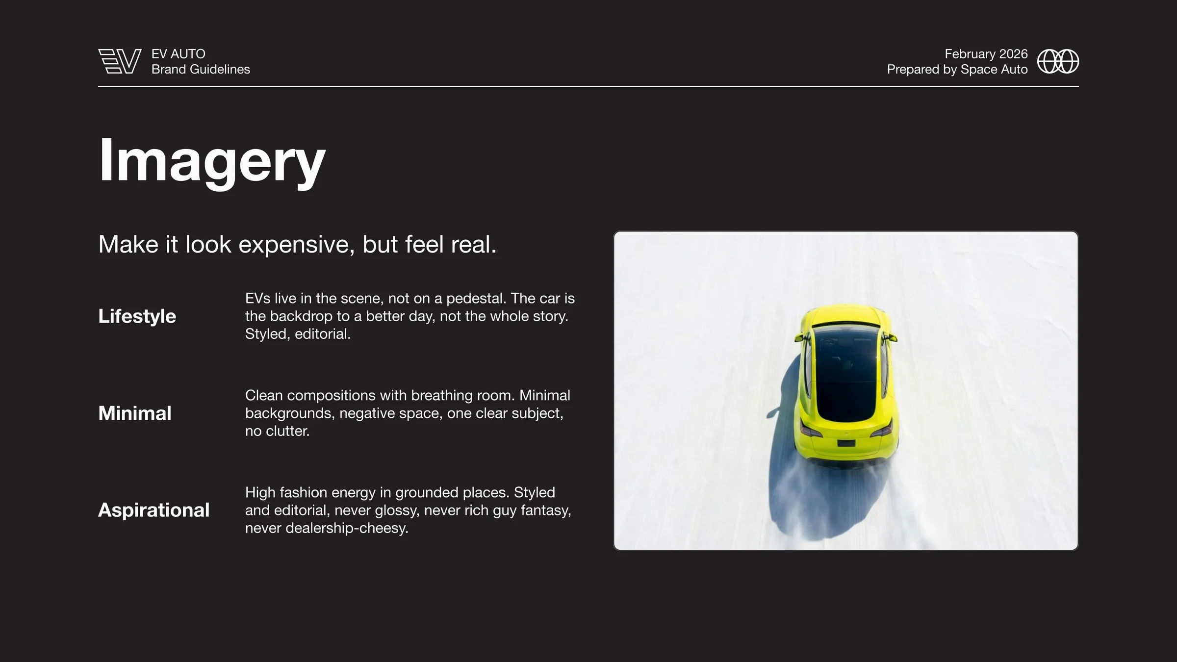 A brand-guide imagery page with the directive Make it look expensive, but feel real, plus three principles and a top-down Citron sports car.