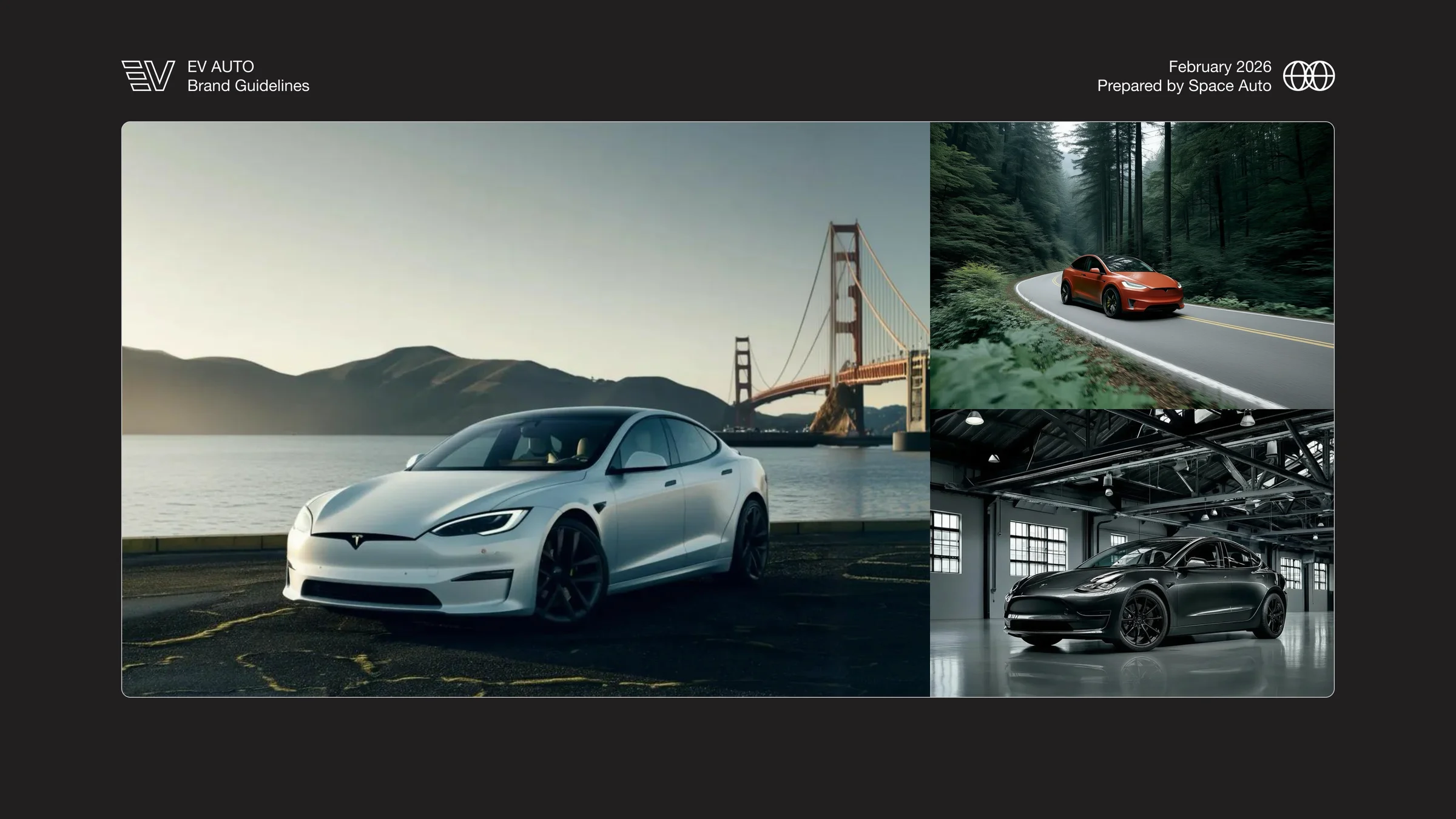 A three-shot brand-guide grid: white Tesla near water, red Tesla on a forest road, black Tesla in an industrial garage.