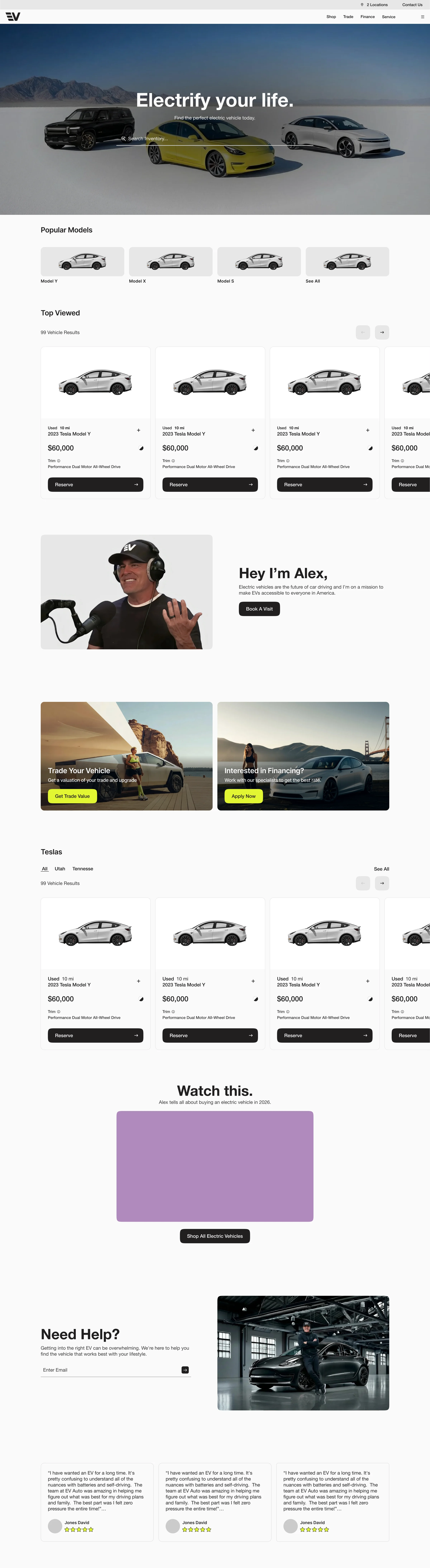 The EV Auto desktop homepage mockup: Citron accent on a white canvas, restrained type system in action.