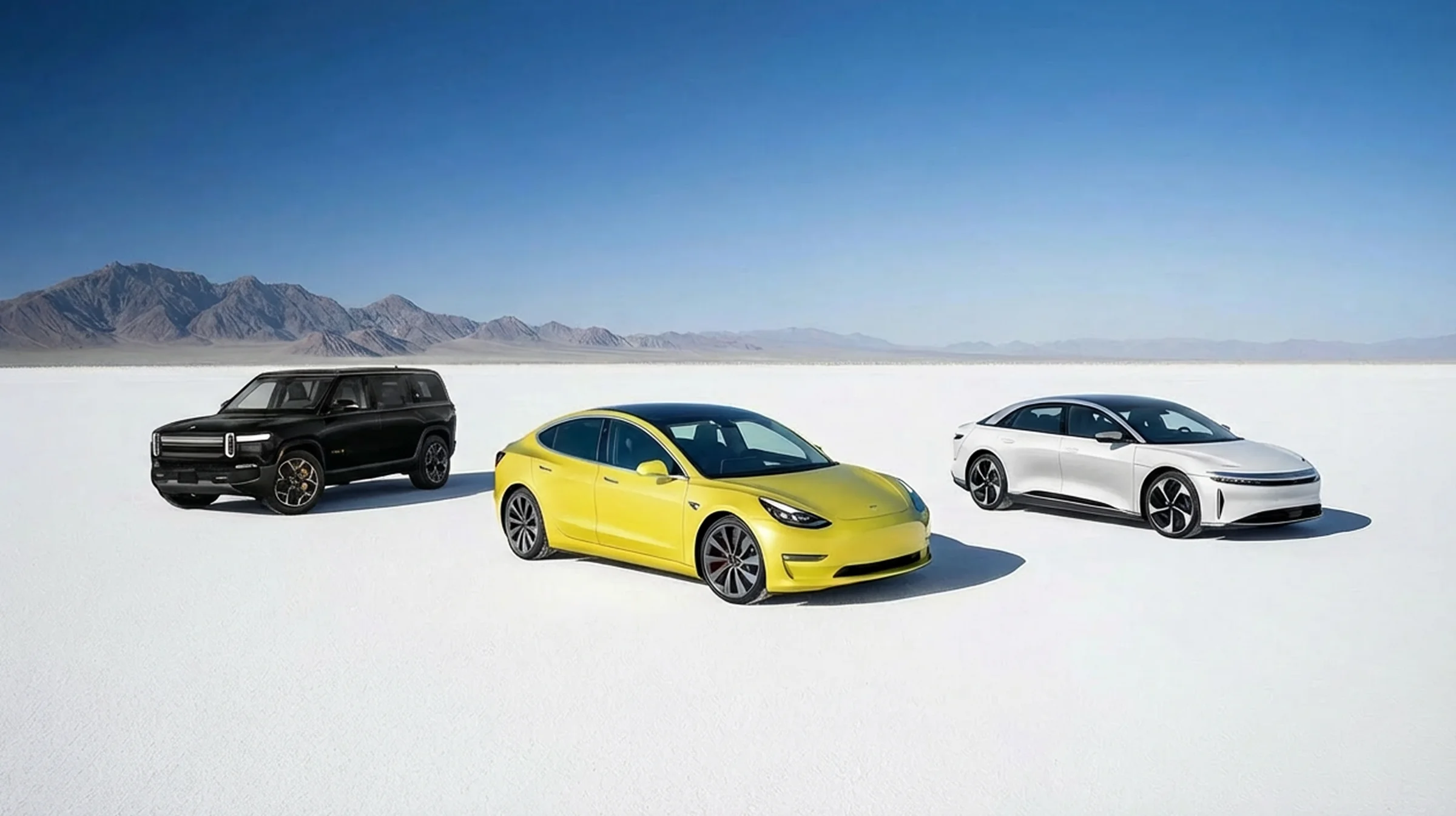 Three EVs on a salt flat at golden hour, the yellow car centered.