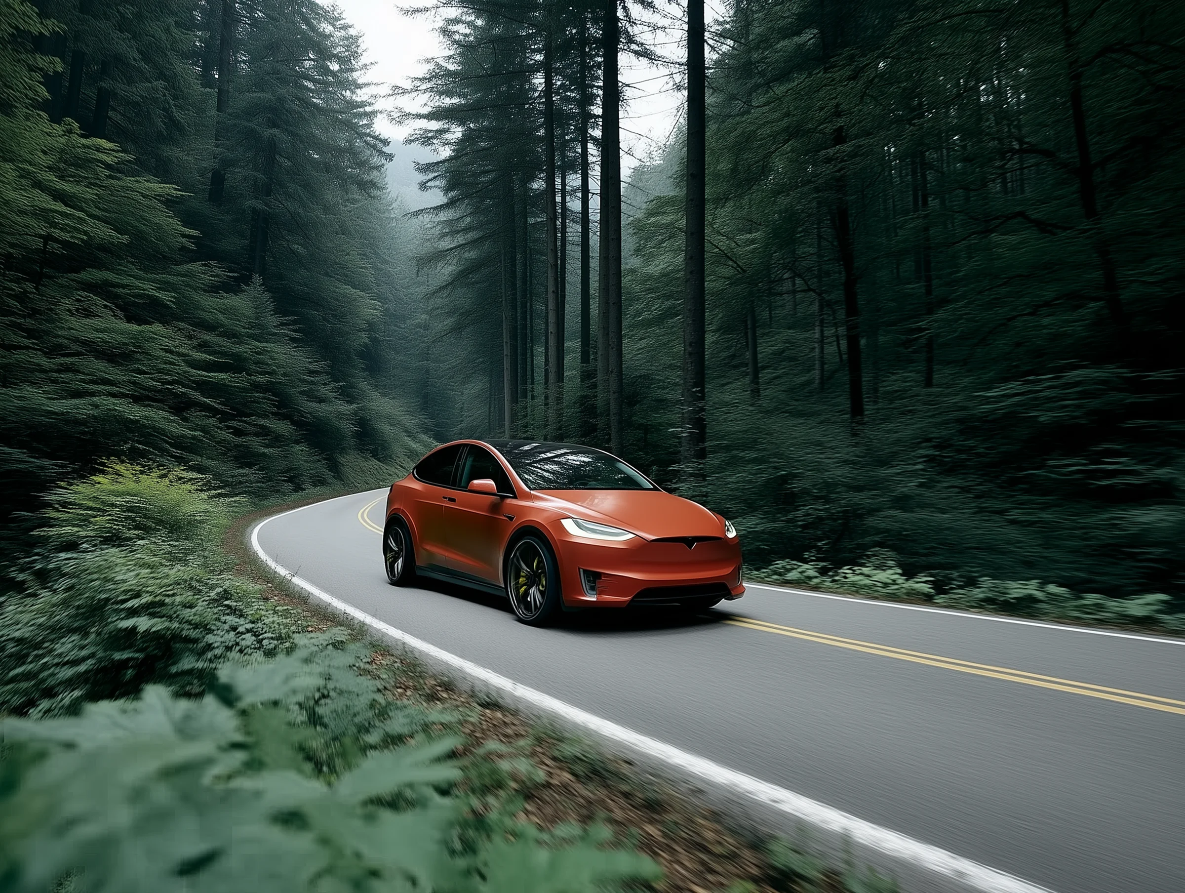 A red EV on a forest road, editorial framing.