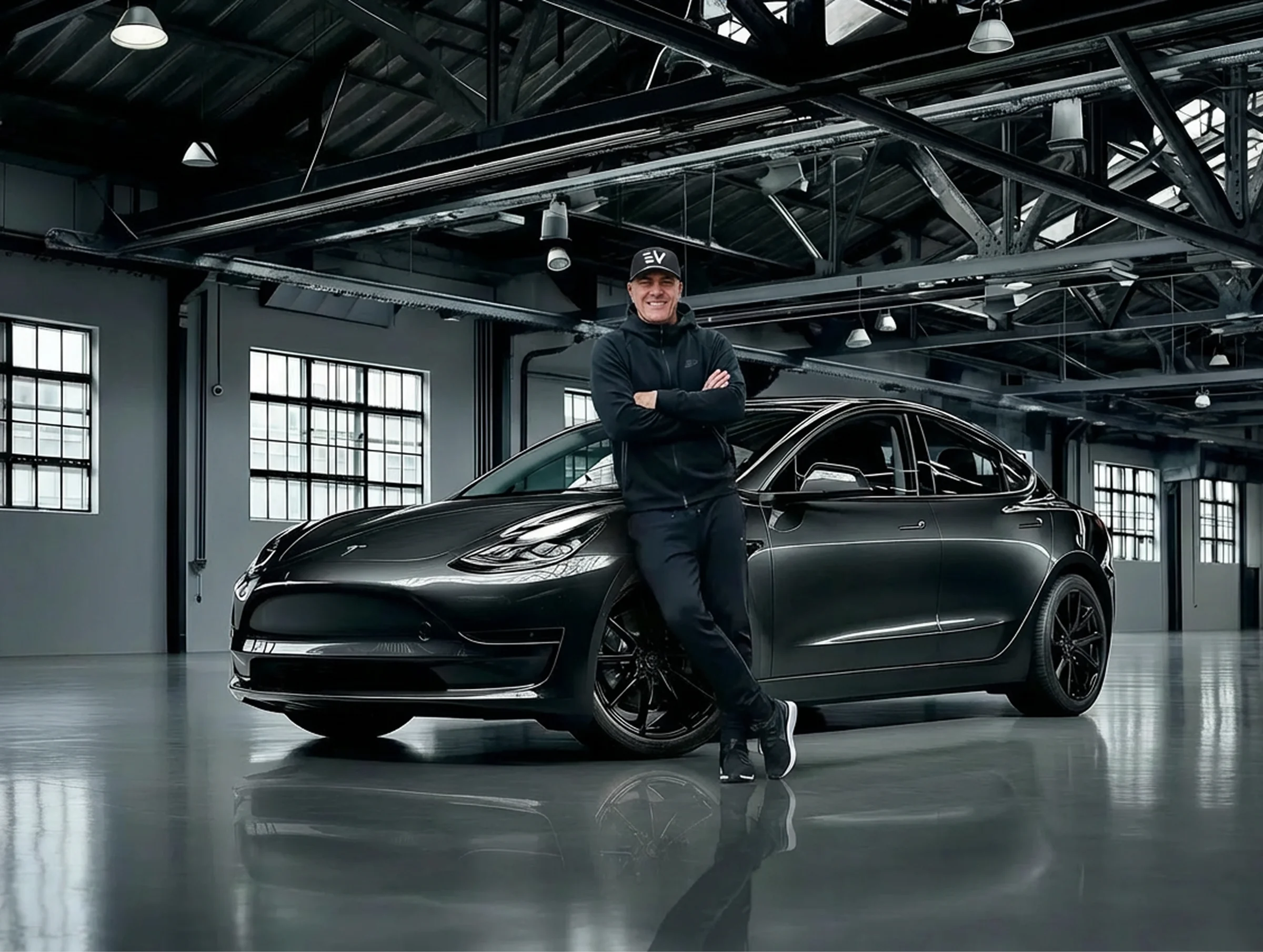 Alex Lawrance, founder of EV Auto, standing beside one of the company's EVs in editorial light.