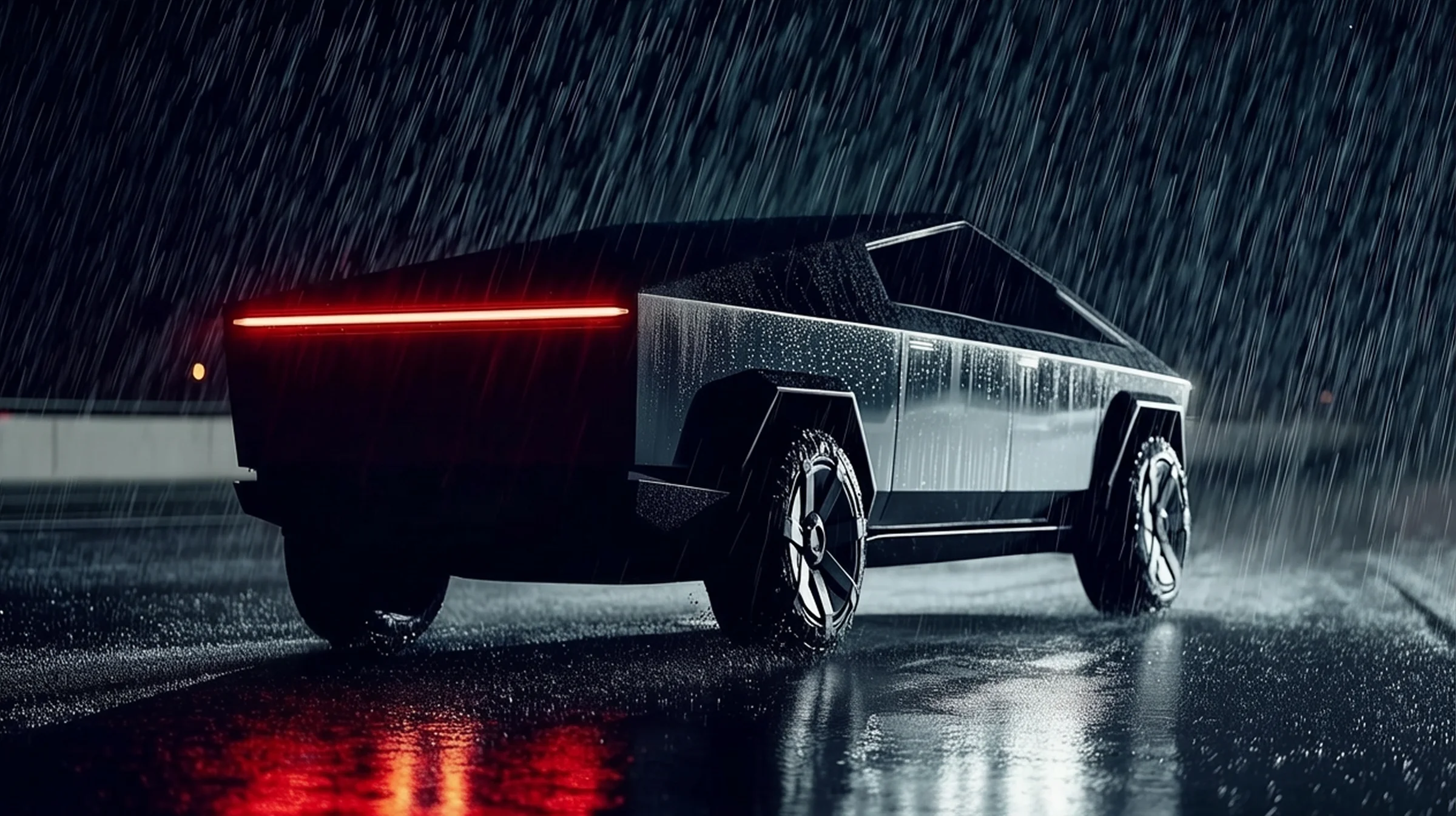 A Cybertruck slicing through a torrential night storm, the red tail-bar lit through the rain.