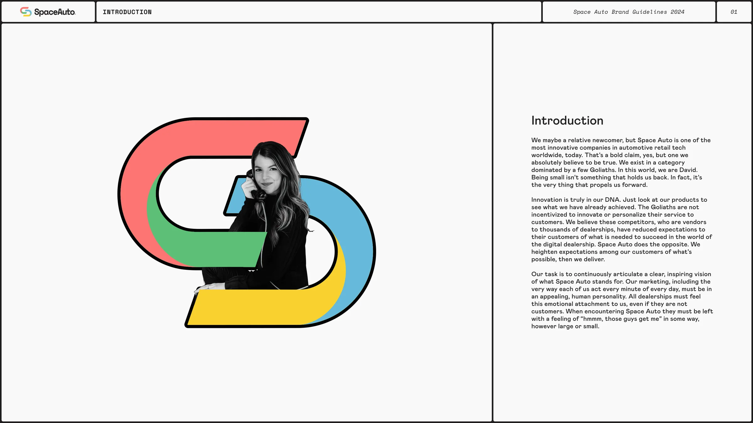 Space Auto introduction page: the multi-color S monogram with a portrait of a person on a phone nested inside it.