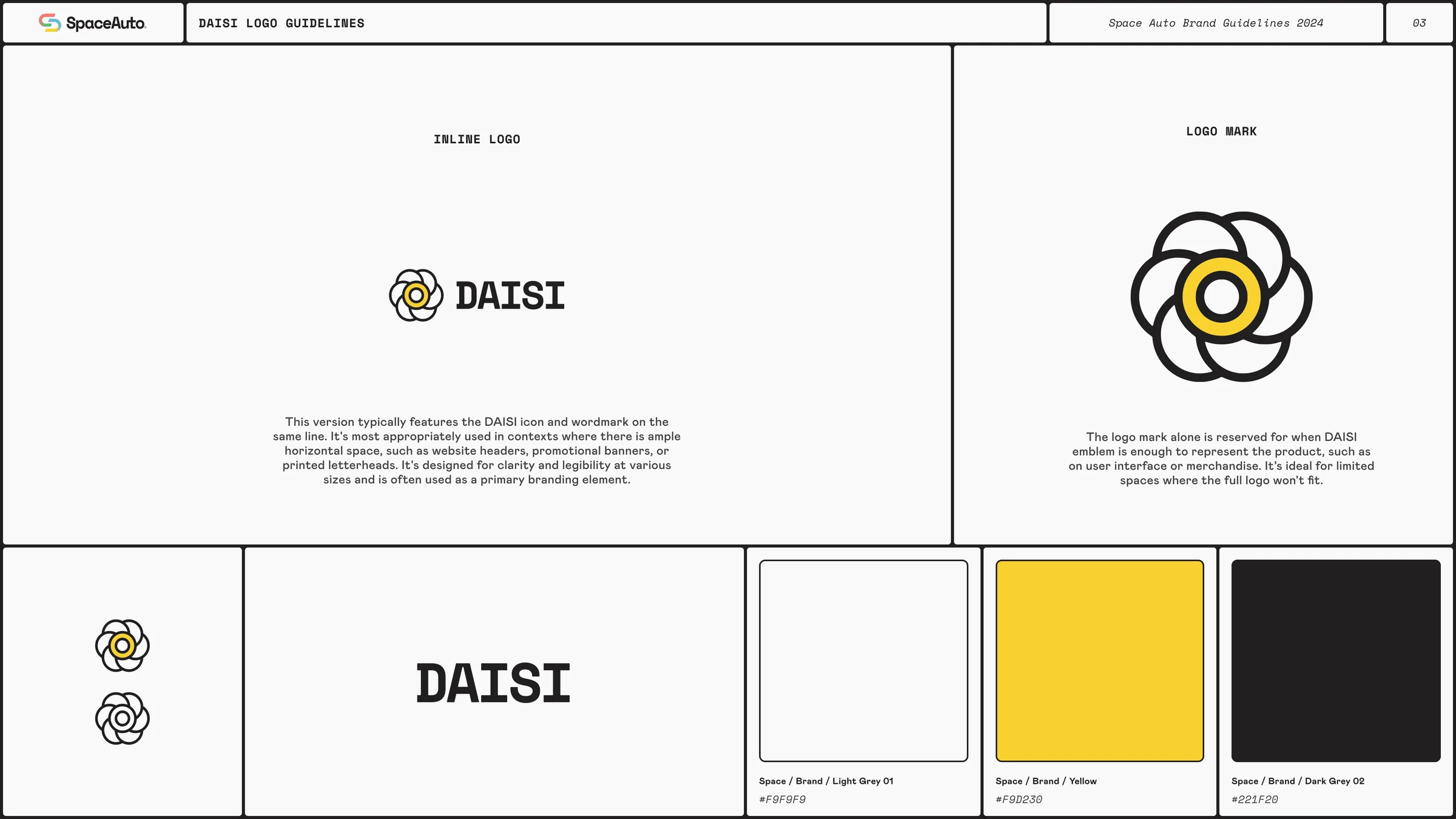The DAISI brand-guide guidelines page: inline logo, standalone mark, and the Light Grey 01, Brand Yellow, and Dark Grey 02 color swatches.