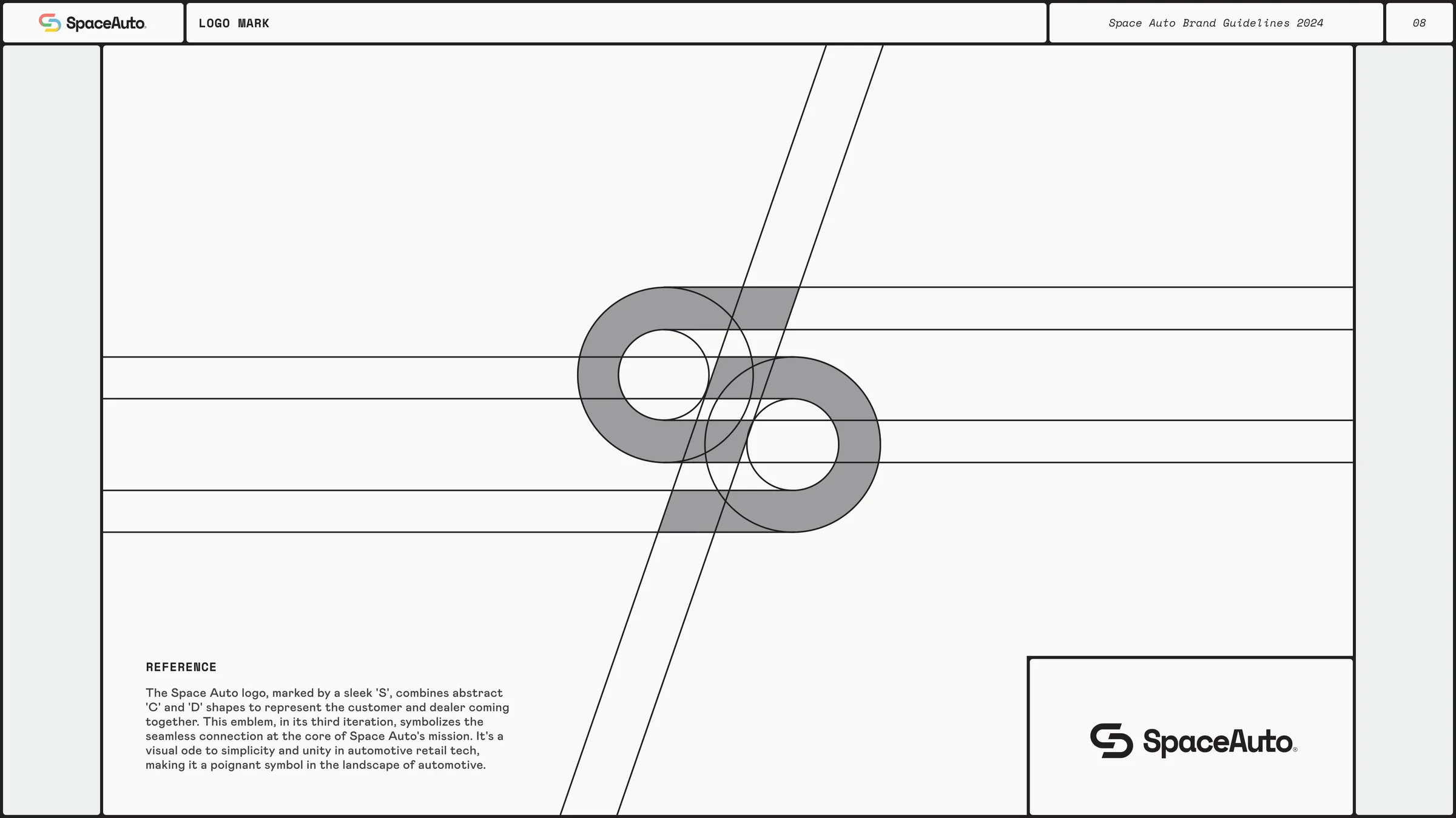 The Space Auto S monogram with construction grid showing the hidden C and D (Customer and Dealer) joined into one mark.
