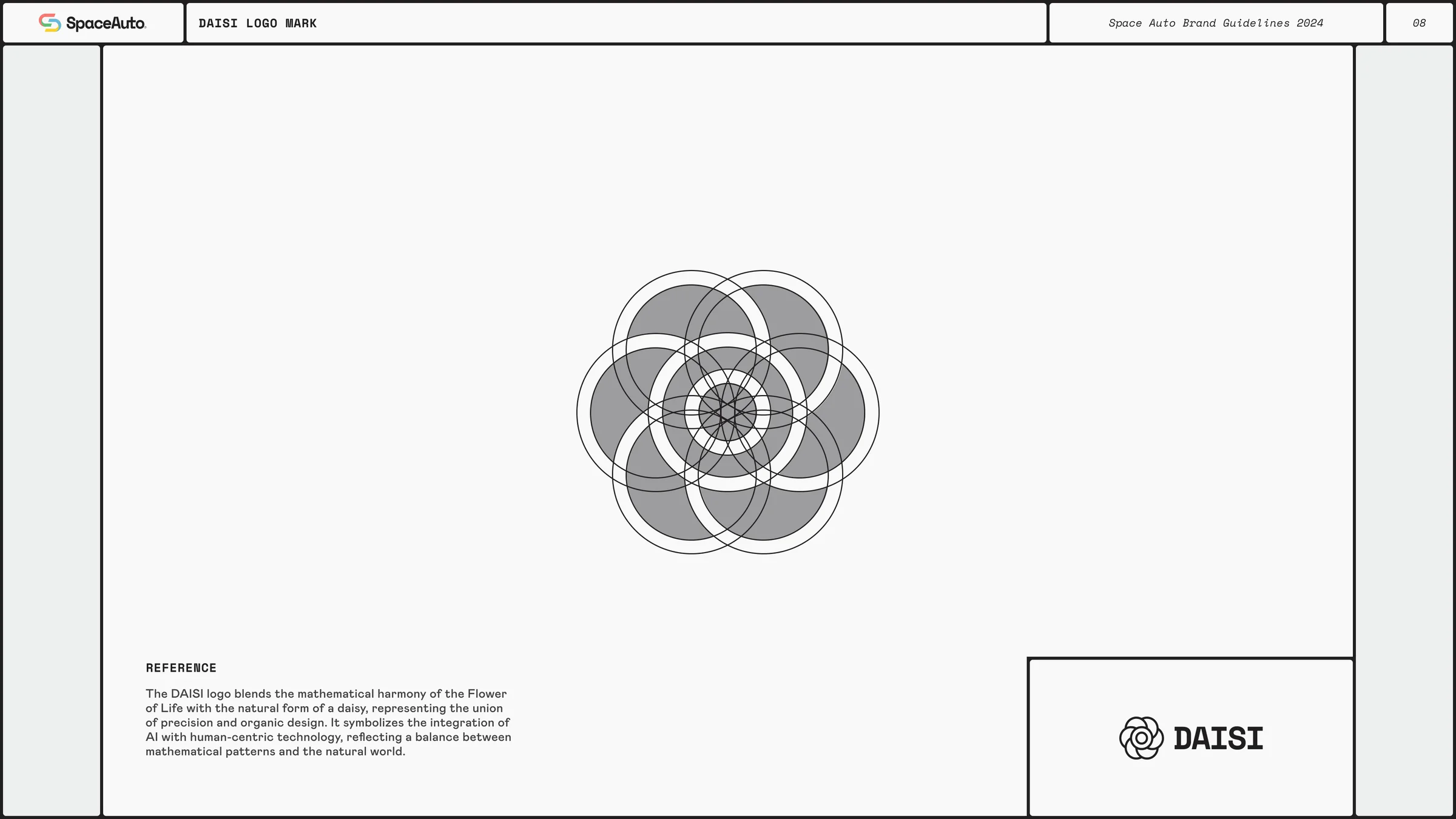 The DAISI logo construction page: the Seed of Life geometry of six interlocking circles around a seventh, resolving into the daisy mark.